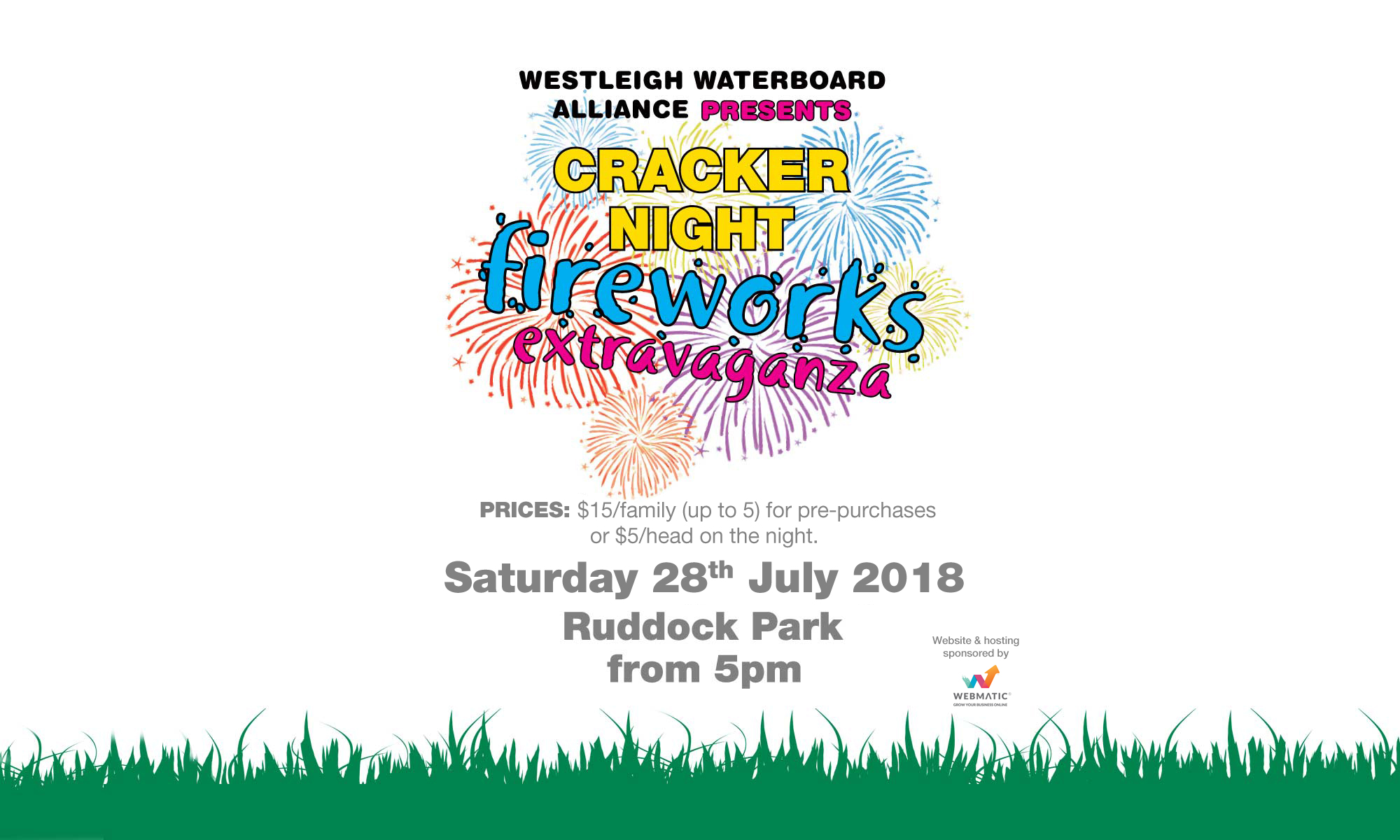 Westleigh Waterboard alliance Presents CRACKER NIGHT Fireworks extravaganza. Sat 28 July 2018. Ruddock park, from 5pm
